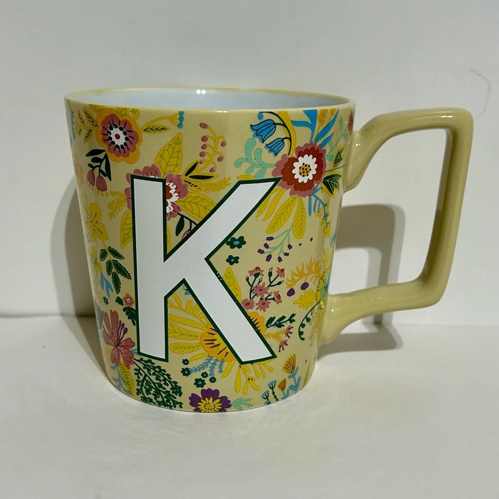 Coffee Mug Cup Ceramic Yellow Handle Floral Letter K Kirkland’s Home 4x5.5x4